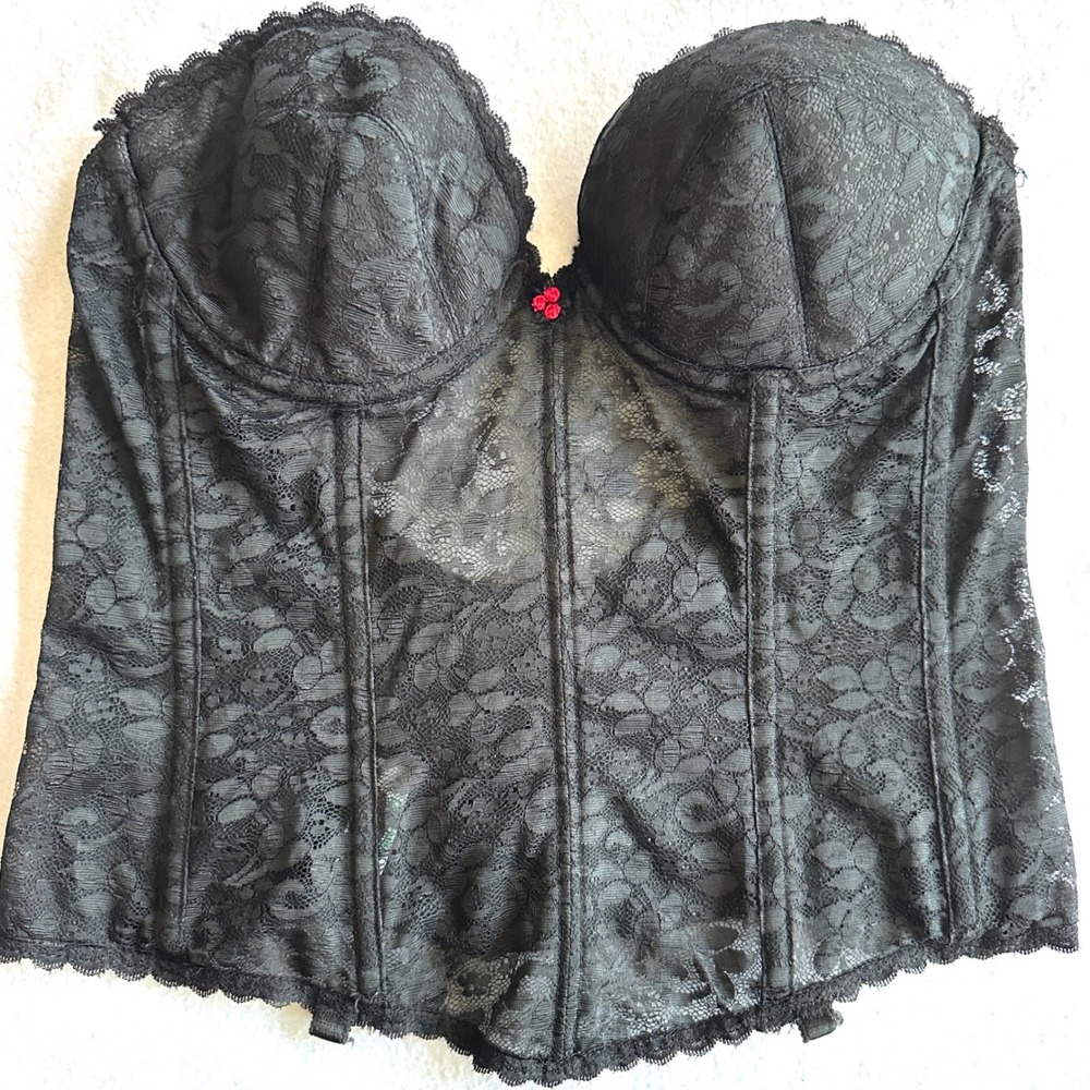Carnival 36B Vintage Lace Bustier Corset Boned Underwire Rose Low Back Black